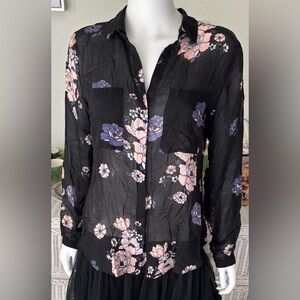 Cloth & Stone x Anthropologie Blouse Sheer Rayon Floral Print in Black Size S